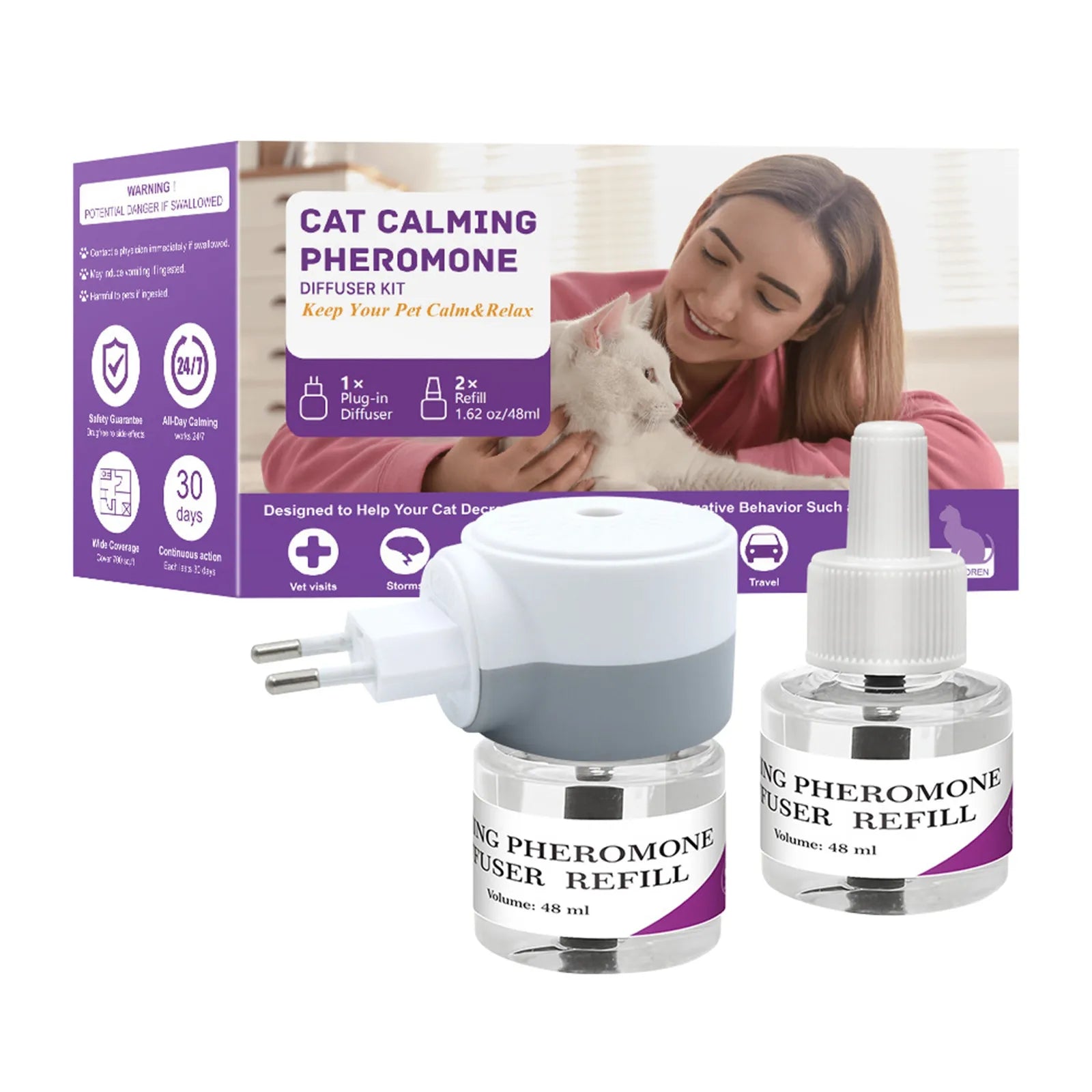 Vet-Approved 3-in-1 Cat Calming Diffuser - Stress Anxiety Relief Reduces Scratching/Barking with 2x48mL Refills & Base