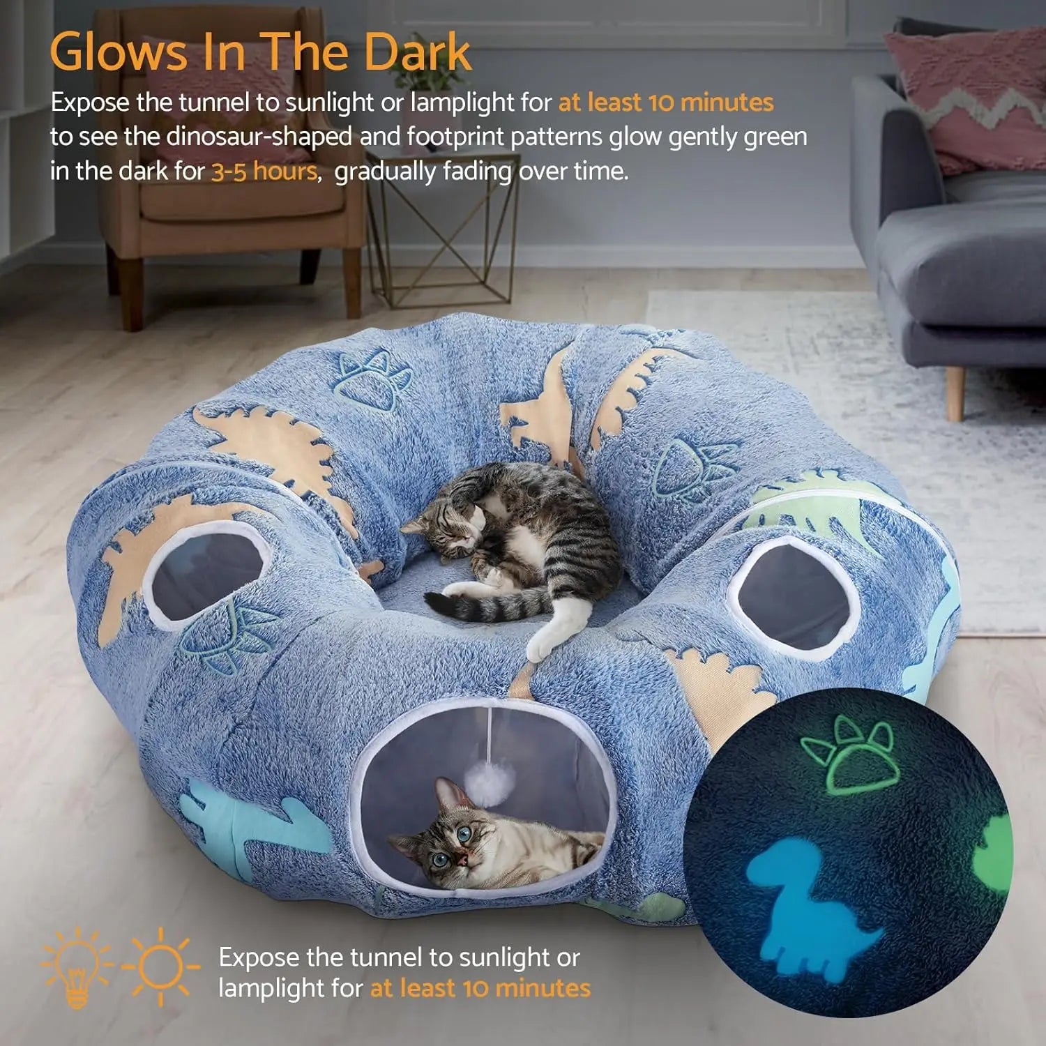 Cat Tunnel Bed for Indoor Cats, Foldable Plush Donut Tunnel Glow in The Dark, Washable Cushion, Peekaboo Cat Cave Plush Bed
