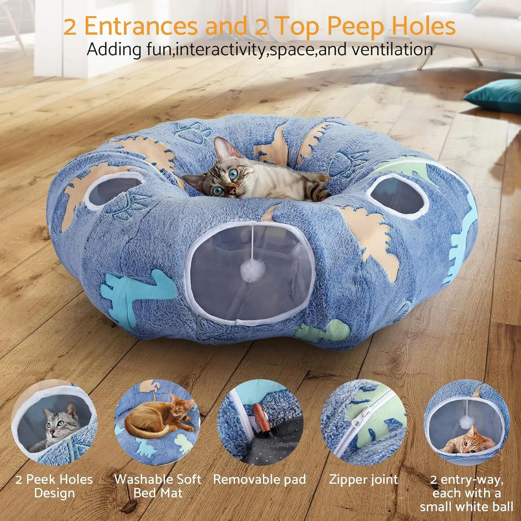 Cat Tunnel Bed for Indoor Cats, Foldable Plush Donut Tunnel Glow in The Dark, Washable Cushion, Peekaboo Cat Cave Plush Bed