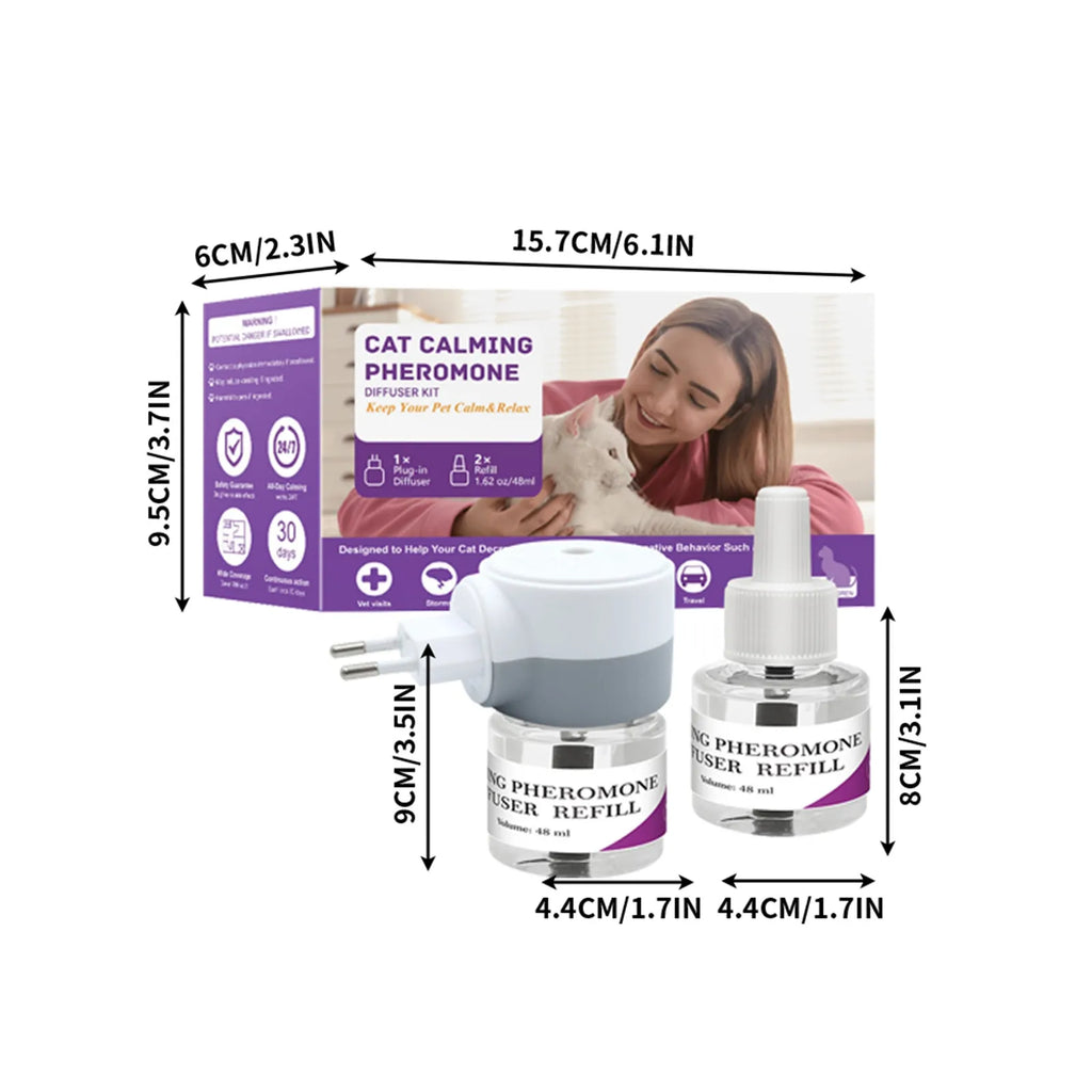 Vet-Approved 3-in-1 Cat Calming Diffuser - Stress Anxiety Relief Reduces Scratching/Barking with 2x48mL Refills & Base