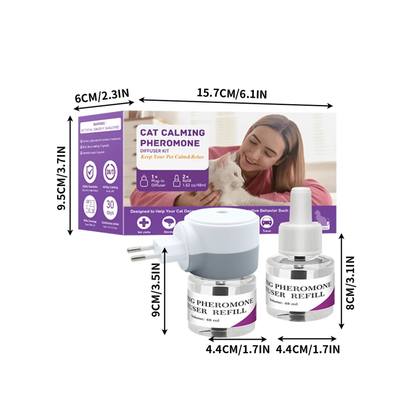 Vet-Approved 3-in-1 Cat Calming Diffuser - Stress Anxiety Relief Reduces Scratching/Barking with 2x48mL Refills & Base