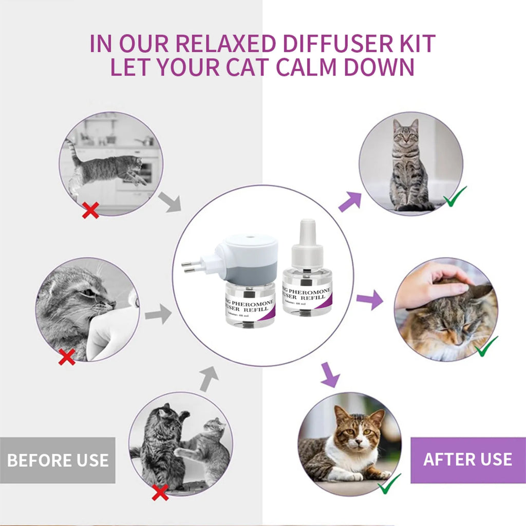 Vet-Approved 3-in-1 Cat Calming Diffuser - Stress Anxiety Relief Reduces Scratching/Barking with 2x48mL Refills & Base
