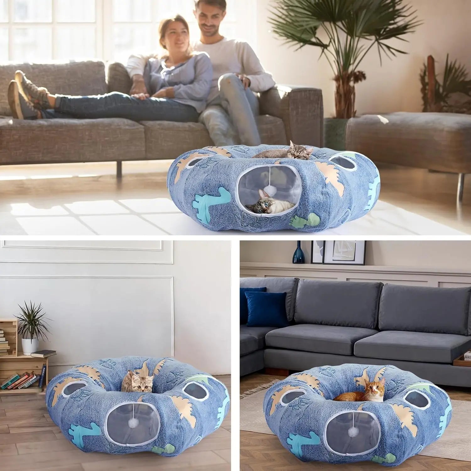 Cat Tunnel Bed for Indoor Cats, Foldable Plush Donut Tunnel Glow in The Dark, Washable Cushion, Peekaboo Cat Cave Plush Bed