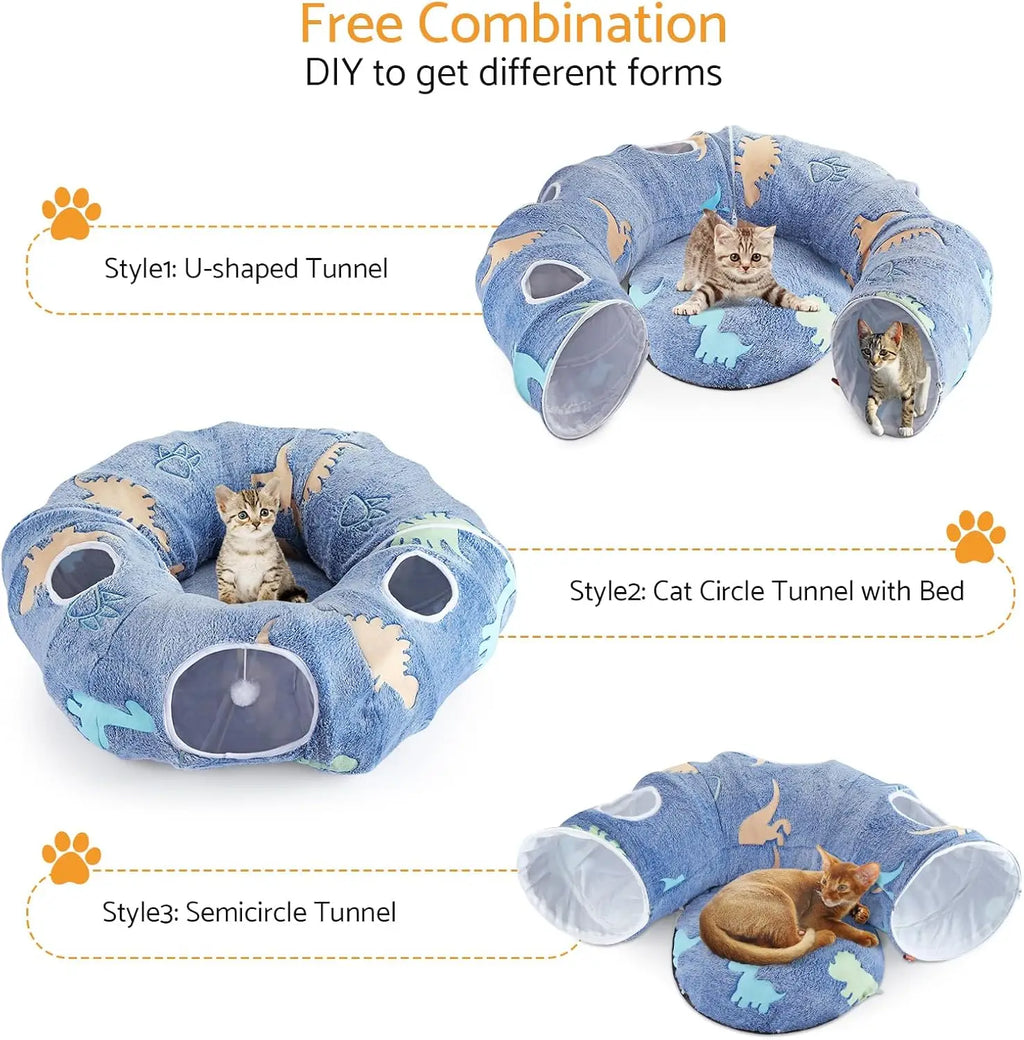 Cat Tunnel Bed for Indoor Cats, Foldable Plush Donut Tunnel Glow in The Dark, Washable Cushion, Peekaboo Cat Cave Plush Bed