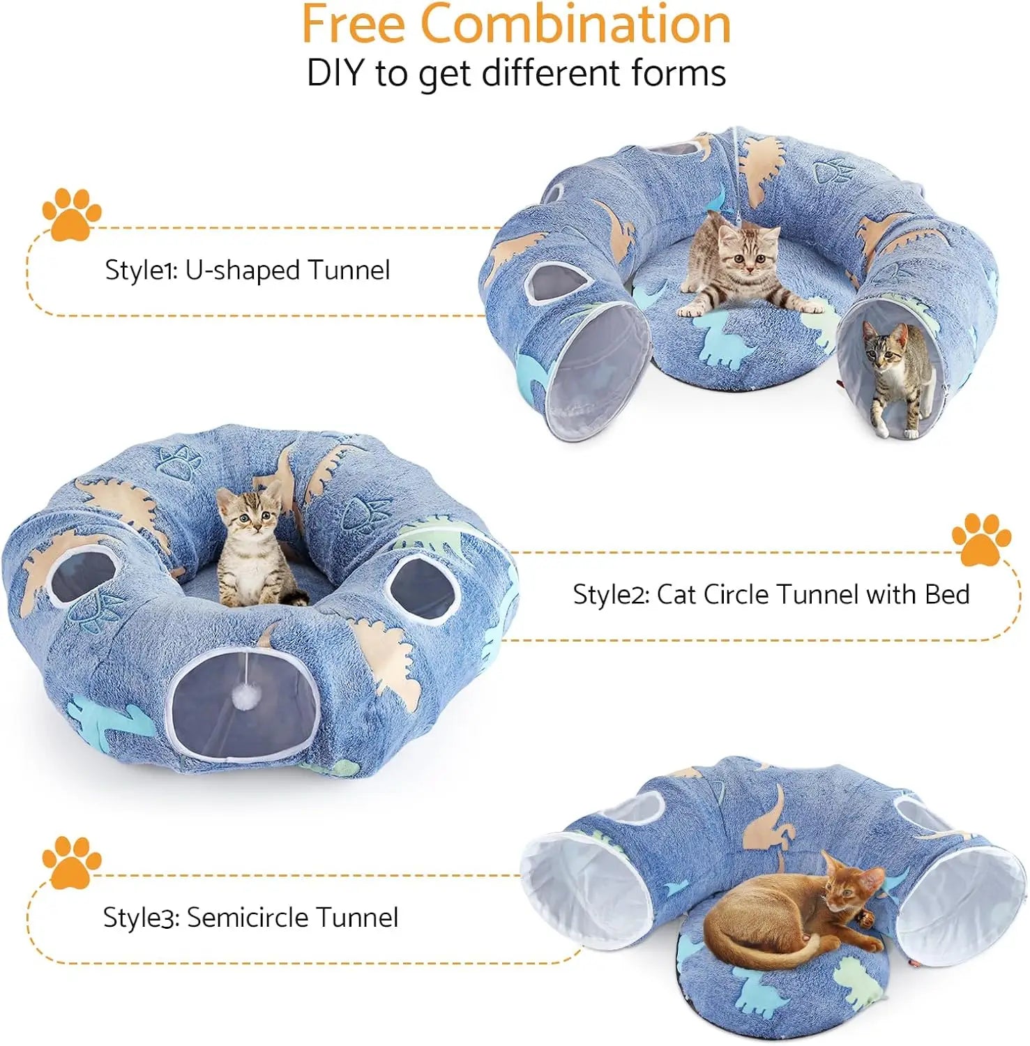 Cat Tunnel Bed for Indoor Cats, Foldable Plush Donut Tunnel Glow in The Dark, Washable Cushion, Peekaboo Cat Cave Plush Bed