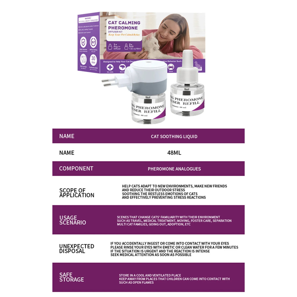 Vet-Approved 3-in-1 Cat Calming Diffuser - Stress Anxiety Relief Reduces Scratching/Barking with 2x48mL Refills & Base