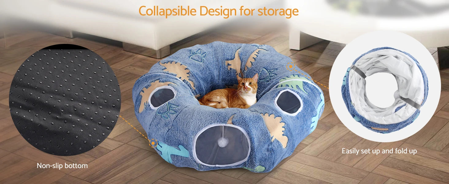 Cat Tunnel Bed for Indoor Cats, Foldable Plush Donut Tunnel Glow in The Dark, Washable Cushion, Peekaboo Cat Cave Plush Bed