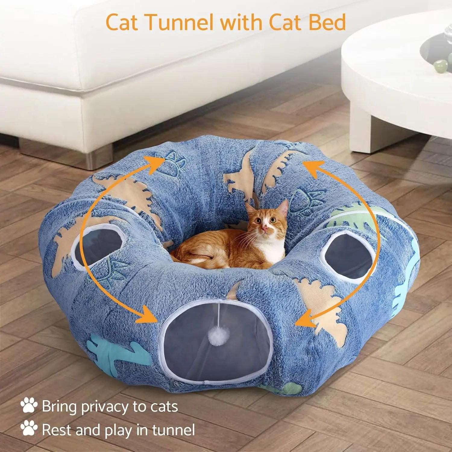 Cat Tunnel Bed for Indoor Cats, Foldable Plush Donut Tunnel Glow in The Dark, Washable Cushion, Peekaboo Cat Cave Plush Bed