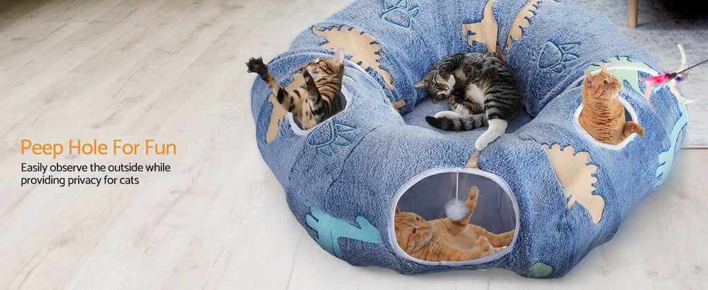 Cat Tunnel Bed for Indoor Cats, Foldable Plush Donut Tunnel Glow in The Dark, Washable Cushion, Peekaboo Cat Cave Plush Bed